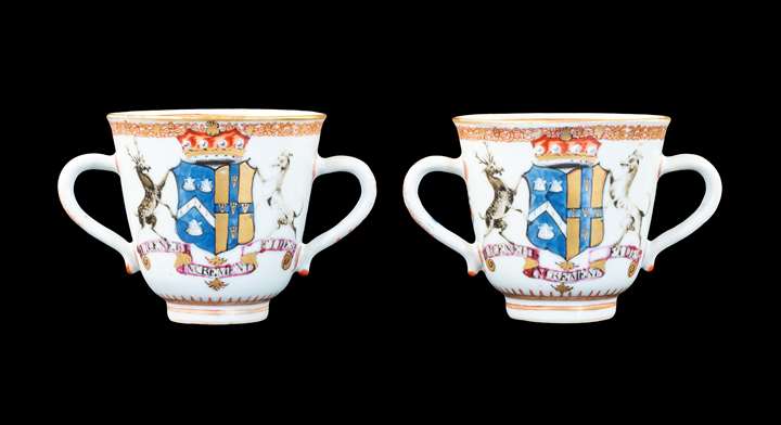 GG: Pair of Chinese export armorial two handled cups, arms of Townsend impaling Harrison